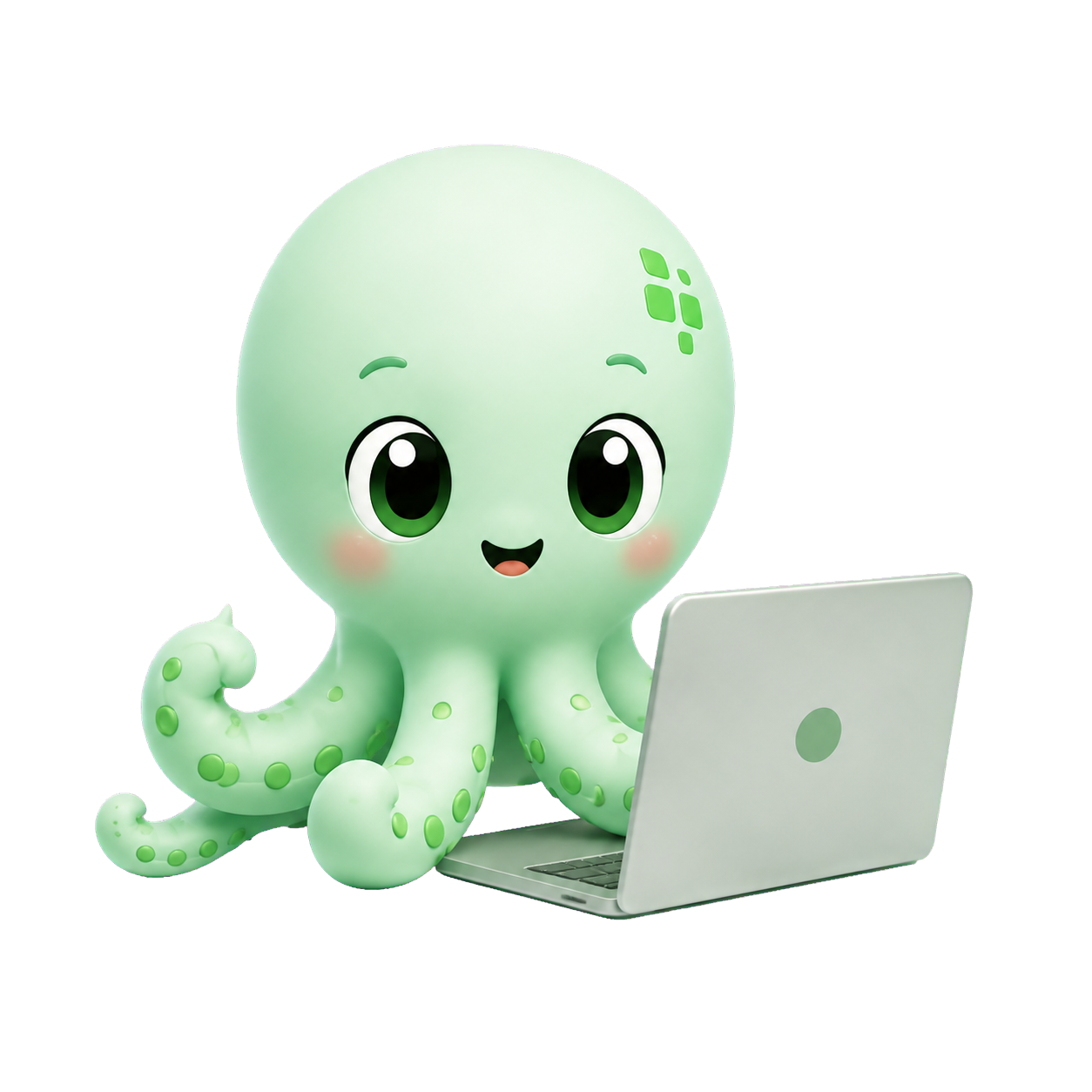 Poly works at a laptop, representing the AI continuing into active repair instead of stopping at an answer.