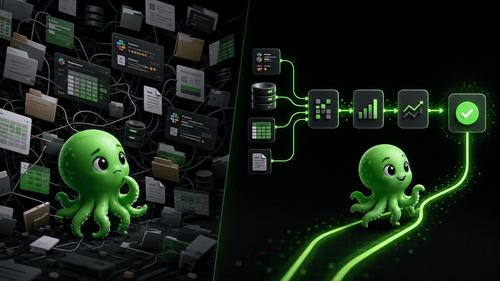 Poly faces a chaotic archive of company files beside a structured path from trusted sources to a verified answer.