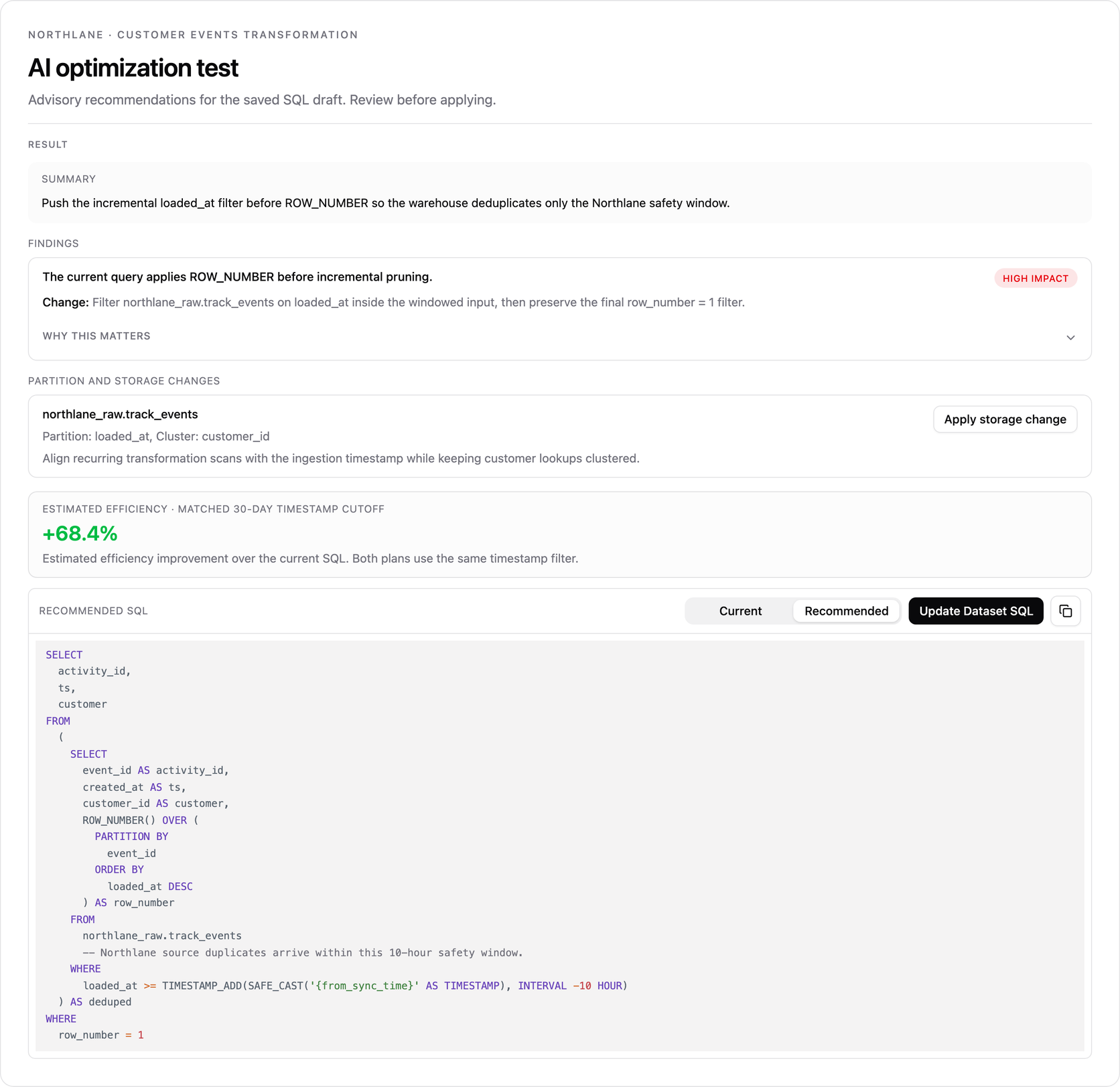 Polyform presents the complete synthetic Northlane optimization review: finding, storage action, matched 30-day estimate, recommended SQL, and a review-before-apply control.