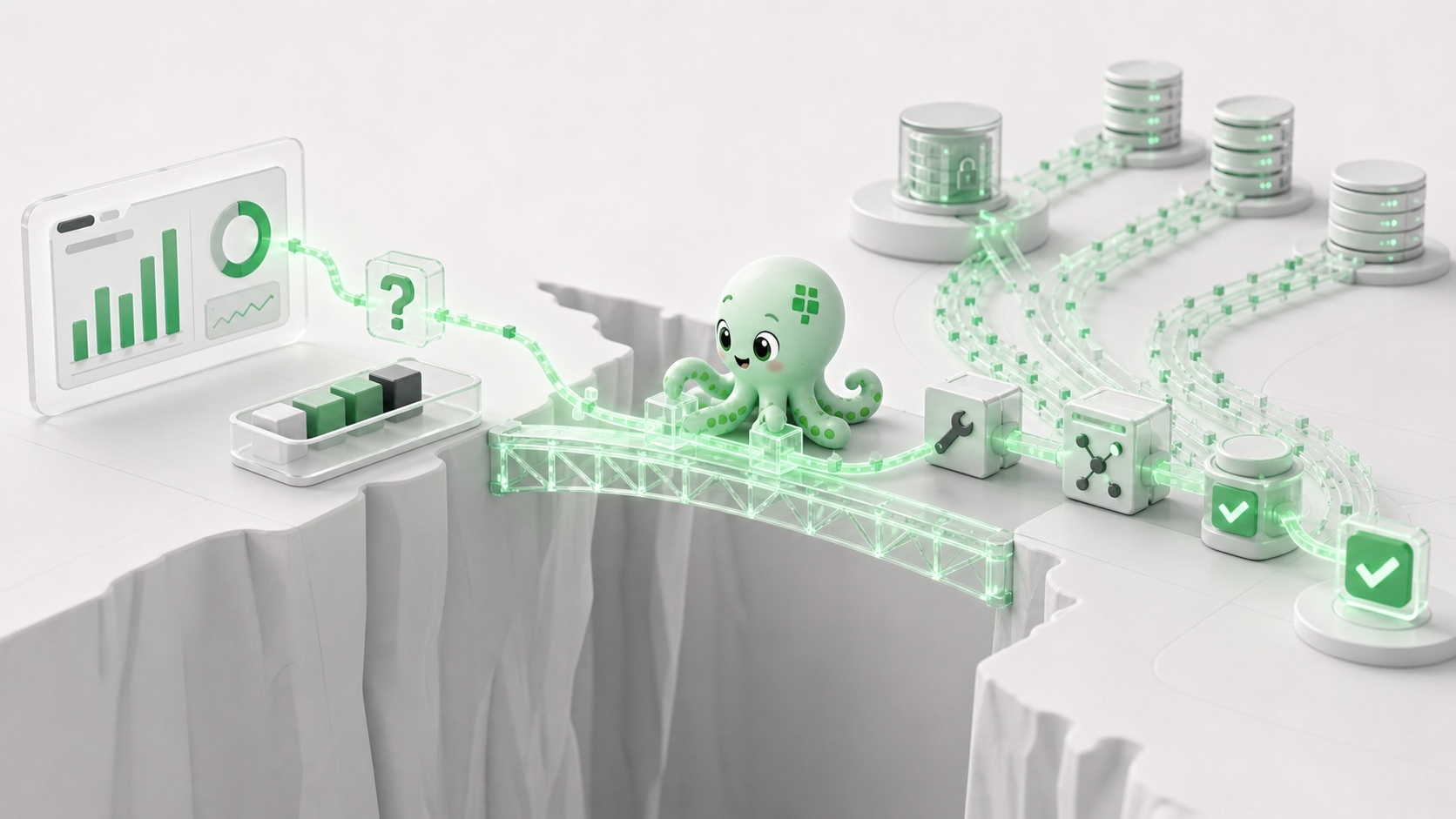 Poly builds a bridge from a dashboard ticket to the data sources, repair tools, tests, and validated result on the other side.