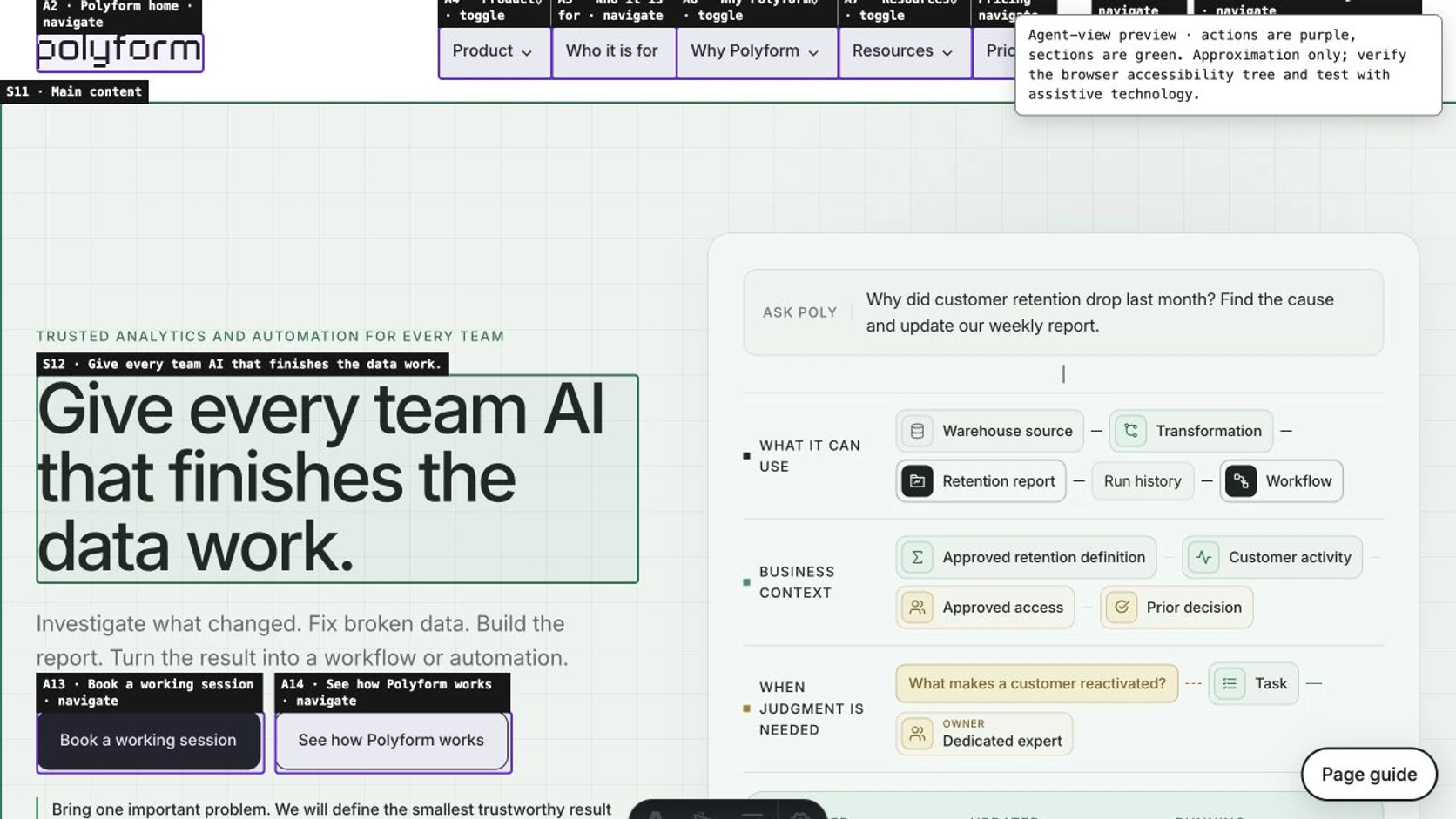 The Polyform homepage with Agent View enabled: navigation and call-to-action controls have purple outlines, primary content and heading regions have green outlines, and a note explains the approximation boundary.