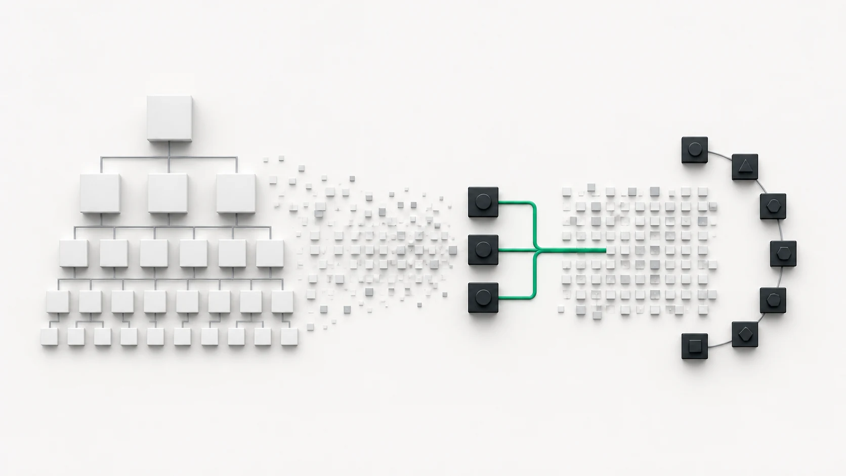 A rigid hierarchy of many white modules breaks into a smaller connected team of three outcome owners, a field of AI execution capacity, and a ring of specialist partners.