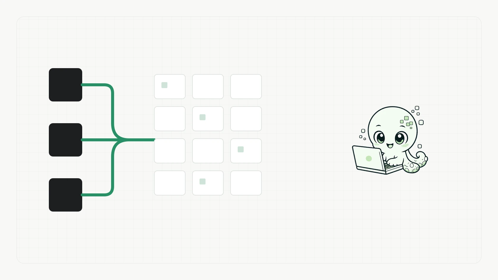 Poly works beside a structured field of reviewable building blocks, representing AI execution capacity directed by an accountable outcome owner.