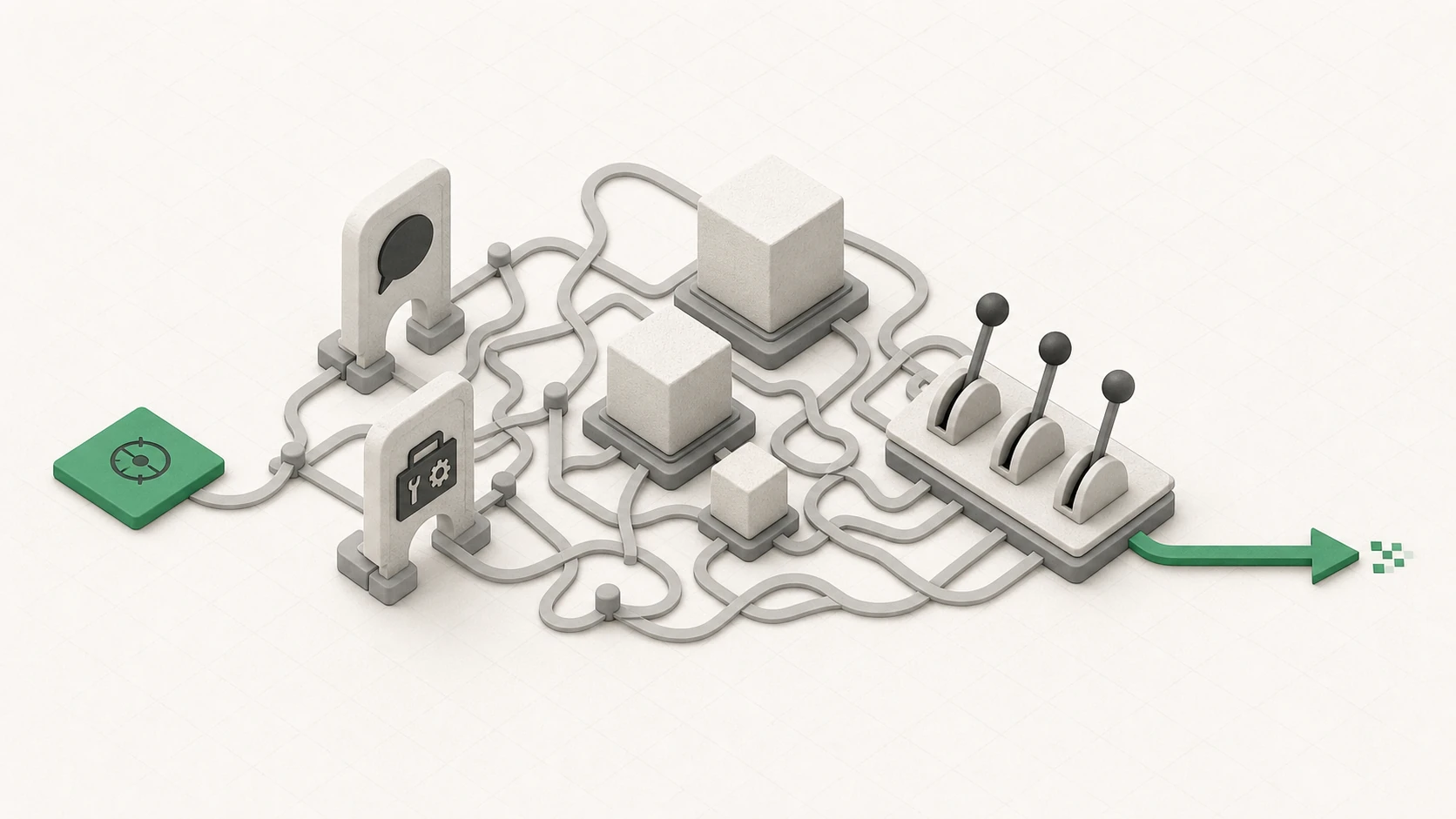 A simple task enters a maze of chat and work gates, model choices, and reasoning controls before one clear path emerges.