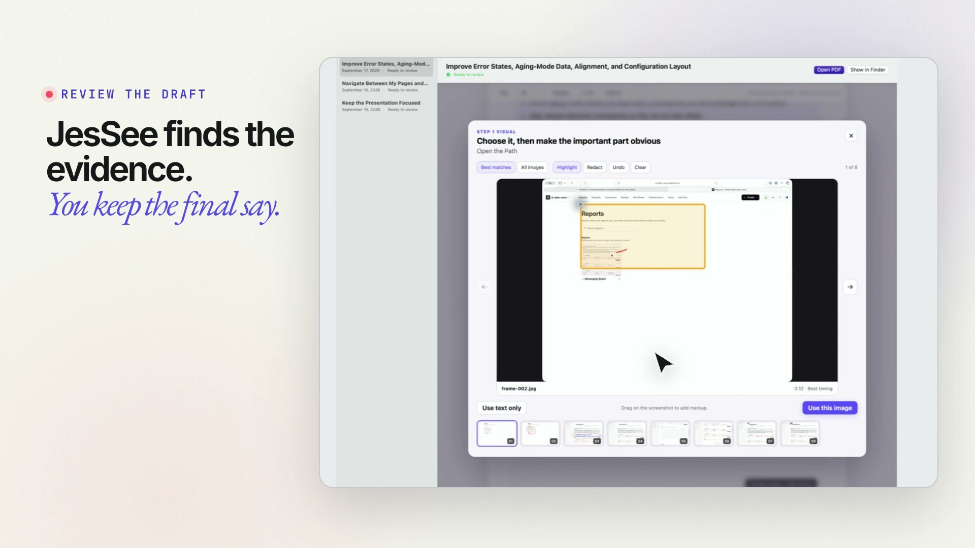 JesSee on a Mac, showing a visual story assembled from a narrated screen recording.