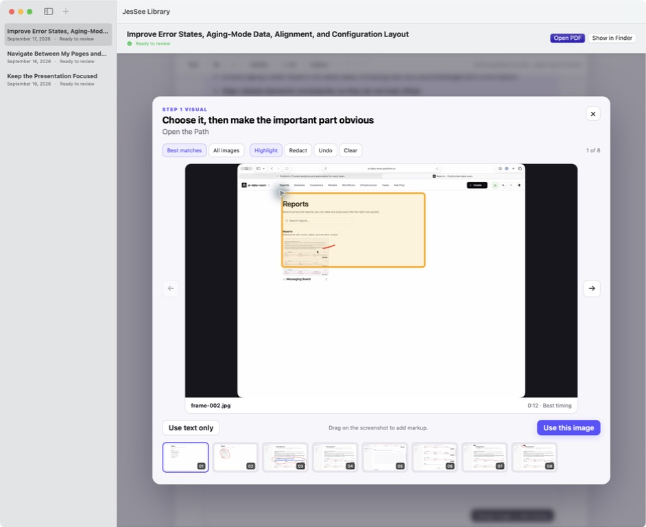 JesSee image markup tools highlighting a specific part of a captured interface.